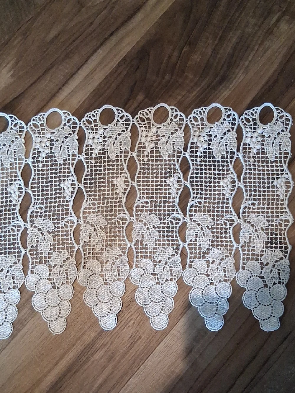 These are Ecru‎ macramé lace valances featuring a grape vine & fruit pattern